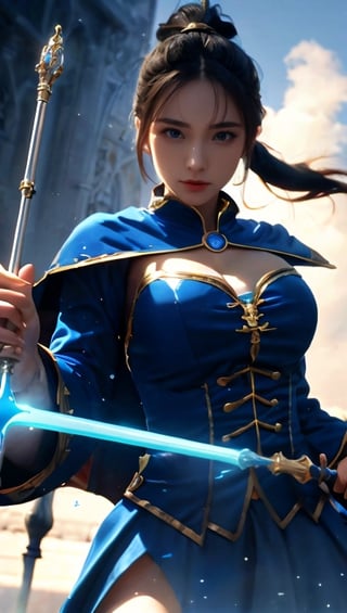 Real, masterpiece, highest quality, original photo, 1 girl, ponytail, big breasts, dynamic pose, wearing wizard costume from Harry Potter, holding magic wand in right hand, surrounded by blue gas, ray tracing , depth of field, low key, HDR, acjc