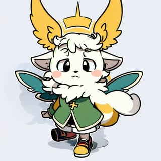 1solo big yellow chicken with big eyes, looking directly at the viewer, using a priest's attire in green with a cross symbol, chicken wings arms. Above its head, a golden halo, radiating with a gentle celestial light. masterpiece, best quality, studio lighting, highlighting, white background.,isabelle \(animal crossing\),furry,ankha,小奇uwu style, disney cartoon