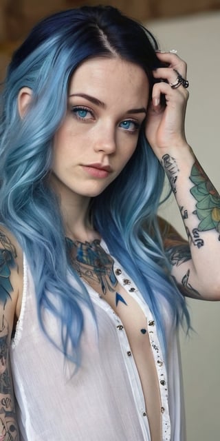 nude tattoo girl  taking clothes off, woman blue hair, cute face, small lips, long hair, Masterpiece, best quality, highres, a picture of Beautiful female's breast, 38 years old, detailed skin, pale skin, long hairl, bleu eyes,sensual and sensitive, open blouse, downblouse, simple background, nsfw, abstact,Leonardo Style,dripping paint, black and white,abstact