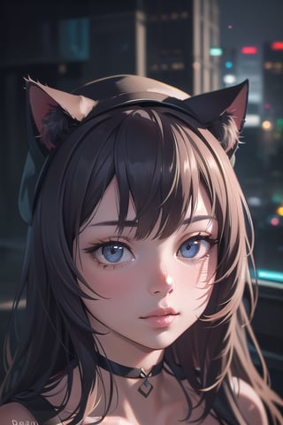 portrait of cute cat in the noir city, black cat hat with cat ears, detailed illustration portrait, incredible details, disney stylized cute, dark cyberpunk illustration, (Best Quality:1.2), (Ultra-detailed), (Photorealistic:1.37), (HDR), (Vivid colors), (portrait of a), (Soft diffuse lighting),niji style