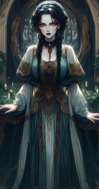 A beauty of grace, celtic goddess style, mature woman, tall, long legs, dark blue hair, single braids , yellow eyes, white pale skin, dark blue lipstick, st.patricks day theme,sle, masterpiece, detailed background,mksks style