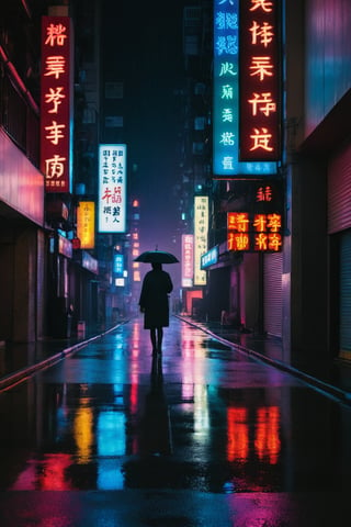 A nighttime street scene with a person standing alone in the middle of an empty road. The street is wet from rain, reflecting the colorful neon signs and lights from the surrounding buildings. The scene is dark with a moody, cinematic atmosphere, showcasing various signs in both English and Chinese characters. The person in the center is illuminated by a spotlight, emphasizing their solitary presence.
The overall setting is reminiscent of an urban area with a mix of traditional and modern elements.