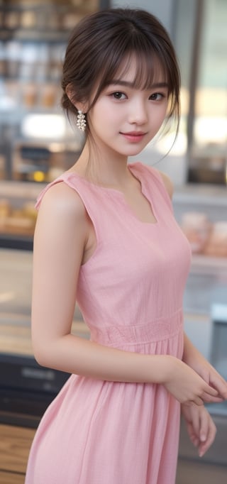 1 girl, very bright backlighting, solo, {beautiful and detailed eyes}, medium breasts, dazzling moonlight, calm expression, natural and soft light, hair blown by the breeze, short hair, delicate facial features, Blunt bangs, beautiful korean girl, eye smile, very small earrings, (working at bean wearing a pink dress :1.3),23yo, film grain, realhands,shy smile,Realism