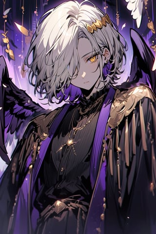 Anime style, short hair, bangs covering one eye, golden eyes, white hair with purple inner layer, Lucifer, angel, cute, boyish, Japanese style, suit, Western clothes, beautiful boy, handsome, wearing black The costume wears gold decorations, black wings