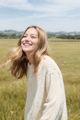 A full-body view of K1nd3r, an 11-year-old blonde-haired tween girl, smiling happily as the afternoon spring breeze tousles her locks. The camera captures her from a front-facing perspective, with a blurred grassland stretching behind her, creating a sense of depth and serenity.