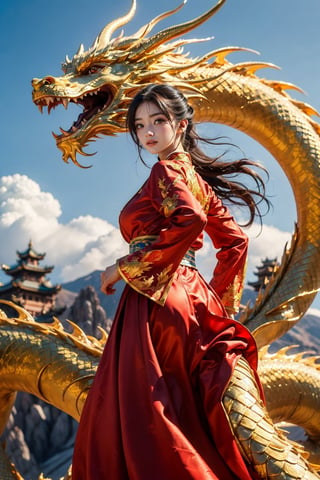 masterpiece, top quality, best quality, official art, (beautiful and aesthetic:1.3), (beautiful 1girl:1.5), (dragon:1.5) long hair, red hanfu fashion, chinese dragon flying in the sky, golden line, (black and red clothes:1.4), volumetric lighting, ultra-high quality, photorealistic, small waist, tang dynasty background, dynamic pose, detailed_background, 8k illustration, DonMChr0m4t3rr4, A beautiful girl posing with back turned to the viewer, High detailed, (blue sky scenery:1.4), close up shot, strong wind, long hair, plump breasts