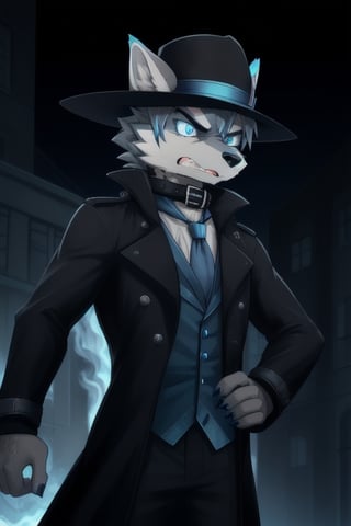 Raff is a light grey wolf guy with blue eyes, wearing a pitch black stealth trench coat with a blue fire pattern on it, a black fedora on his head, one hand in his pocket, one hand up raised slightly holding a blue flame in his hand, looking angry, he's wearing a collar around his neck, Night time, seven deadly sins, sin of wrath