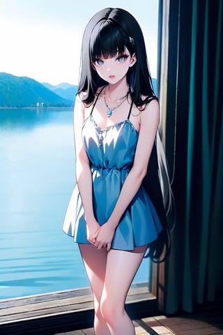 beautiful,(full body),one girl alone, black hair,medium chest, straight bangs, gray eyes, gray eye, long hair, korean eyes, korean anime girl,medium chest, full lips,small lips, big korean eyes, looking straight ahead,blue dress with light black details, medium neckline, black necklace, lake in the distance, arms raised