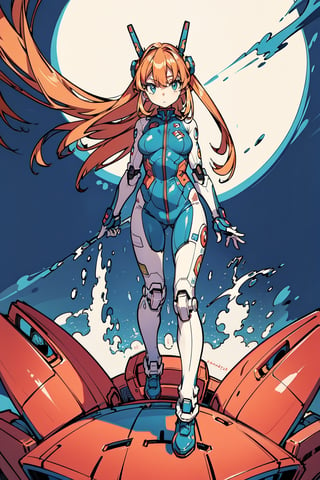 (masterpiece), science fiction, scenery, 1girl, long  hair, bangs, orange hair color, light blue eyes, mecha headgear, sci-fi bodysuits,
,1girl, souryuuasukalangley