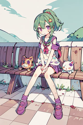 masterpiece, ultra detailed, high quality, 1girl, (blush, red face, parted lips), detailed lips, sitting in bench, (solo), wide shot, scenery, full body, Kuki Shinobu, green hair, hair between eyes, ponytail, short hair, (purple eyes:1.1), hair ornament, kukishinoburnd