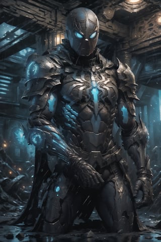 Spider-Man from Marvel comics, Advance armored, background dark space battlefield, heavy rain, blue glowing lined simple armor plate, dark environment, Advance mask, intense war, wealding Chinese futuristic sword,
