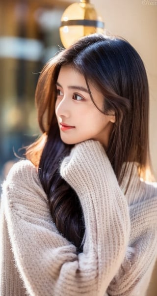  1girl,8k wallpaper,extremely detailed figure, amazing beauty, detailed characters, {detailed background},aestheticism, sitting, winter long brownish hair, coffee shop, corner, coat, scarf, medium breasts, light brown hair, beautiful eyes, emotionless, obedient, obedient, thick eyebrows, small nose, full lips, long eyelashes, delicate neck, slender shoulders, bare arms,  smooth skin, rosy cheeks,  warm, cozy, comfortable, relaxed, calm, quiet, peaceful, serene, contemplative, close-up, best quality, amazing quality, very aesthetic, ,1 girl (masterpiece), 1girl, long hair, beautiful cute young attractive indian girl, 25 years old, cute, Instagram model, long realistic black hair, look like south movie actress, Indian,Indian Cute Girl,Indian Model, full body view