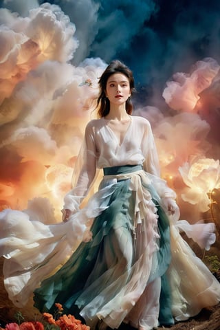 Inspired by photography from Vogue magazine, On a cloudy day, a woman is wearing a romantic transparent gauze, like clouds, a colorful long skirt, the woman's face is looming, the atmosphere is like smoke and a dream, it is indescribably beautiful.