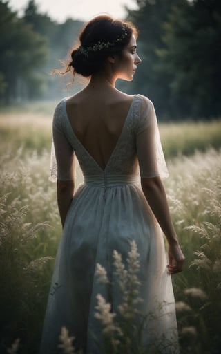 woman,standing,grass field,long grass,back view,dark theme,cinematic,low light,facing away,darkness,photography,professional photography,best quality,4k,highres,ultra-detailed,realistic,portrait,black and white,monochrome,cool tones,soft focus,subtle shadows,moody ambiance,sublime beauty,fine art,transcendent elegance,serene atmosphere,ethereal charm,powerful composition,graceful silhouette,innocent allure,unseen mystery,elusive presence,eternal longing,haunting tranquility,sublime connection,unforgettable moment,emotionally captivating,elliptical narrative,whispering secrets,dreamlike serenity,unspoken emotions,pareidolia whispers,captured essence.