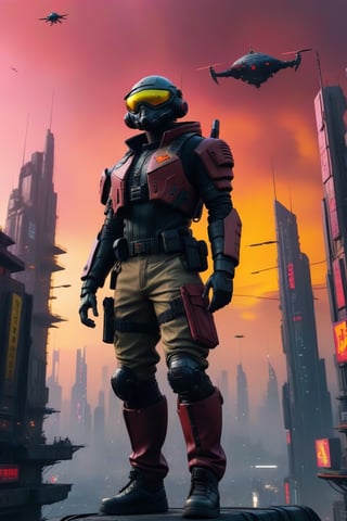 In the strange planet, red-yellow sky, future, six military fly  over cyberpunk city , they has neopreno uniform, ciberpunk, Hd, style cinematic,best quality,masterpiece