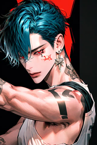 solo,long hair,red eyes,1boy,hair between eyes,jewelry,upper body,blue hair,male focus,longhair,earrings,two-tone hair,fingernails,tattoo,piercing,black nails, arm tattoo