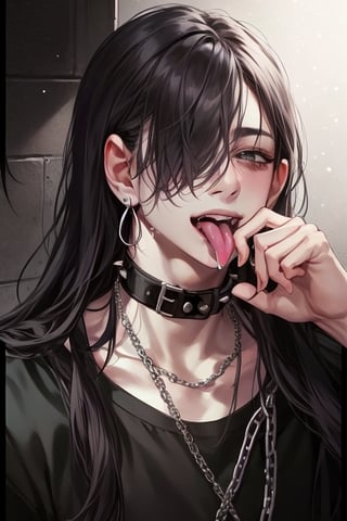 boy,solo,long hair,,looking at viewer,blush,smile,open mouth,bangs,shirt,black hair,1boy,jewelry,collarbone,upper body,braid,male focus,sweat,earrings,teeth,tongue,tongue out,hair over one eye,collar,black shirt,single braid,saliva,chain,piercing,ear piercing,spikes,tongue piercing

