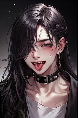 boy,solo,long hair,,looking at viewer,blush,smile,open mouth,bangs,shirt,black hair,1boy,jewelry,collarbone,upper body,braid,male focus,sweat,earrings,teeth,tongue,tongue out,hair over one eye,collar,black shirt,single braid,saliva,chain,piercing,ear piercing,spikes,tongue piercing

