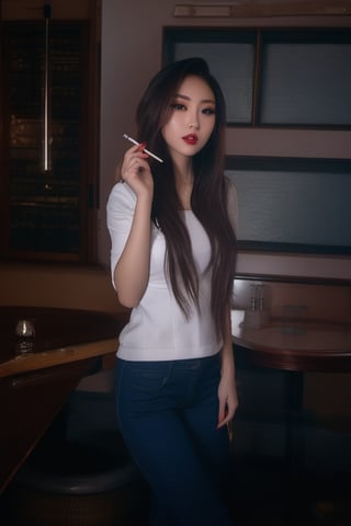 Japanese onlyfans model woman, 19 years old, dark lips, onlyfans model girl hairstyle, typical fashion model woman outfit, hoop earrings, tight denim jacket, punk girl makeup, full body shot, slim girl, sexy body, long nails,sexy jeans,sexy asian, smoking cigarettes