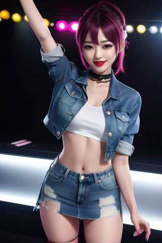 Japanese rebel girl singer, 38 years old, smile, dark lips, rebel outfit, punk girl hairstyle, she is dancing in a party at a night club, cropped small denim jacket, tight ripped mini denim skirt, punk girl makeup, full body shot, slim girl,1girl,sssggg