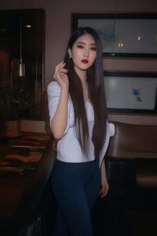 Japanese onlyfans model woman, 19 years old, dark lips, onlyfans model girl hairstyle, typical fashion model woman outfit, hoop earrings, tight denim jacket, punk girl makeup, full body shot, slim girl, sexy body, long nails,sexy jeans,sexy asian