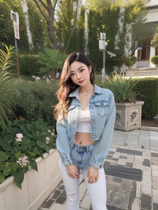 asian girl, beautiful detailed eyes, tight jeans, cropped denim jacket, make-up, red lips, posing sexy