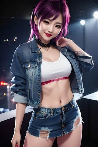 Japanese rebel girl singer, 38 years old, smile, dark lips, rebel outfit, punk girl hairstyle, she is dancing in a party at a night club, cropped small denim jacket, tight ripped mini denim skirt, punk girl makeup, full body shot, slim girl,1girl,sssggg