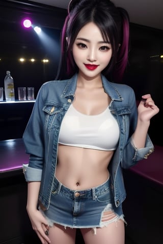 Japanese rebel girl singer, 38 years old, smile, dark lips, rebel outfit, punk girl hairstyle, she is dancing in a party at a night club, cropped small denim jacket, tight ripped mini denim skirt, punk girl makeup, full body shot, slim girl,1girl,sssggg