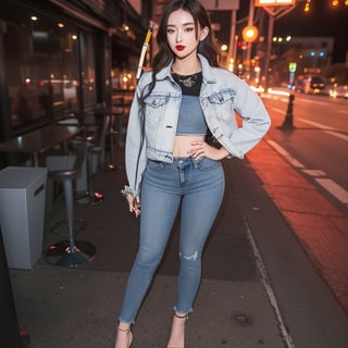 asian girl, beautiful detailed eyes, tight jeans, cropped denim jacket, make-up, red lips, posing sexy in a night club and smoking a cigarette, realistic