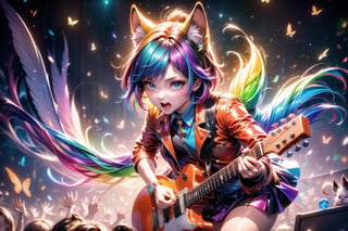 closeup face,animal boy,colorful aura,colorful hair,animal head,red tie,colorful  jacket,colorful short skirt,orange shirt,colorful sneakers,wearing a colorful  watch,singing in front of microphone,play electric guitar,animals background,fireflies,shining point,concert,colorful stage lighting