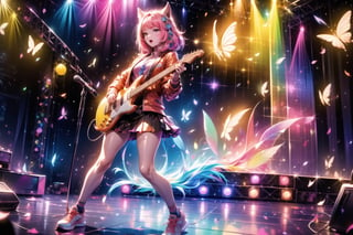 solo,closeup face,animal girl,colorful aura,pink hair,animal head,red tie,colorful  jacket,colorful short skirt,orange shirt,colorful sneakers,wearing a colorful  watch,singing in front of microphone,play electric guitar,animals background,fireflies,shining point,concert,colorful stage lighting,no people