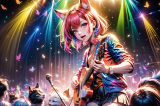 solo,closeup face,animal girl,colorful aura,pink hair,animal head,red tie,colorful  jacket,colorful short skirt,orange shirt,colorful sneakers,wearing a colorful  watch,singing in front of microphone,play electric guitar,animals background,fireflies,shining point,concert,colorful stage lighting,no people