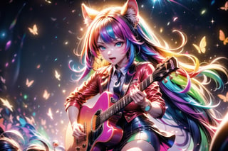 solo,closeup face,animal girl,colorful aura,colorful hair,animal head,red tie,colorful  jacket,colorful short skirt,orange shirt,colorful sneakers,wearing a colorful  watch,singing in front of microphone,play electric guitar,animals background,fireflies,shining point,concert,colorful stage lighting,no people