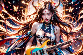 solo,cow girl,closeup face,cow head,holding electric guitar,singing in front of microphone,
cow wings,hungry pose,milk pantyhose,cow jacket,cow shirt,zebra shorts,cow underwear,milk aura,shining point,concert,colorful stage lighting,milk background,no people,Butterfly,electric guitar,rock music