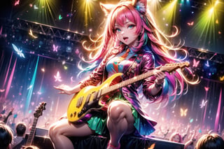 solo,closeup face,animal girl,colorful aura,pink hair,animal head,red tie,colorful  jacket,colorful short skirt,orange shirt,colorful sneakers,wearing a colorful  watch,singing in front of microphone,play electric guitar,animals background,fireflies,shining point,concert,colorful stage lighting,no people