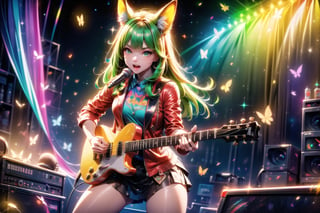 solo,closeup face,animal girl,colorful aura,green hair,animal head,red tie,colorful  jacket,colorful short skirt,orange shirt,colorful sneakers,wearing a colorful  watch,singing in front of microphone,play electric guitar,animals background,fireflies,shining point,concert,colorful stage lighting,no people