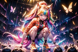 solo,closeup face,animal girl,colorful aura,golden hair,animal head,red tie,colorful  jacket,colorful short skirt,orange shirt,colorful sneakers,wearing a colorful  watch,singing in front of microphone,play electric guitar,animals background,fireflies,shining point,concert,colorful stage lighting,no people