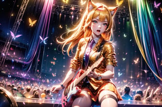 solo,closeup face,animal girl,colorful aura,golden hair,animal head,red tie,colorful  jacket,colorful short skirt,orange shirt,colorful sneakers,wearing a colorful  watch,singing in front of microphone,play electric guitar,animals background,fireflies,shining point,concert,colorful stage lighting,no people