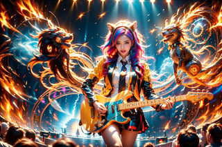 solo,closeup face,animal girl,colorful aura,colorful hair,animal head,colorful  tie,colorful jacket,colorful short skirt,orange shirt,colorful sneakers,wearing a colorful watch,singing in front of microphone,play electric guitar,animals background,fireflies,shining point,concert,colorful stage lighting,no people,Lightning,Fire