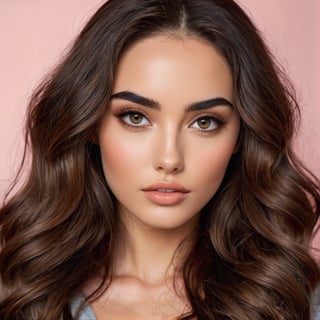 Full realistic photo of a stylish young woman with large, captivating eyes, thick eyebrows, a strong jawline, high cheekbones, and a natural complexion. Her hair is in loose waves. slim boned, long limbed, lithe and with very little body fat and little muscle .Highlighting her as a modern