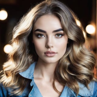 A realistic photo of a stylish young woman with large, captivating eyes, thick eyebrows, a strong jawline, high cheekbones, and a natural complexion. Her hair is in loose waves. slim boned, long limbed, lithe and with very little body fat and little muscle .Highlighting her as a modern