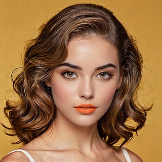 Full realistic photo of a stylish young woman with large, captivating eyes, thick eyebrows, a strong jawline, high cheekbones, and a natural complexion. Her hair is in loose waves. slim boned, long limbed, lithe and with very little body fat and little muscle .Highlighting her as a modern, approachable virtual influencer
(((iconic 50s age style but extremely beautiful)))
((( orange liquid, pea yellow dark, Mármol white)))
(((in darkness)))
(((gold liquid background)))
(((intricate details, masterpiece, best quality,photorealistic)))(((dynamic pose, looking at viewer,profile view, full body view)))((by Diane Arbus))), 