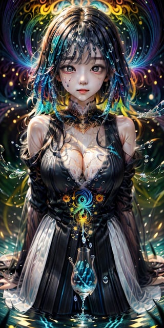 cute korean large-eyed girl, slender face, bangs, black eyes, arms up to the hair, 
psychedelic art:1.0, (colorful:1.3), original, extremely detailed wallpaper, looking at viewer,(1girl:1.2),extreme detailed,(fractal art:1.3),colorful,highest detailed,solo,(floating colorful water:1.2), 
masterpiece, best Quality, Tyndall effect, good composition, highly details, warm soft light, three-dimensional lighting, volume lighting, Film lighting, cinematic lighting,