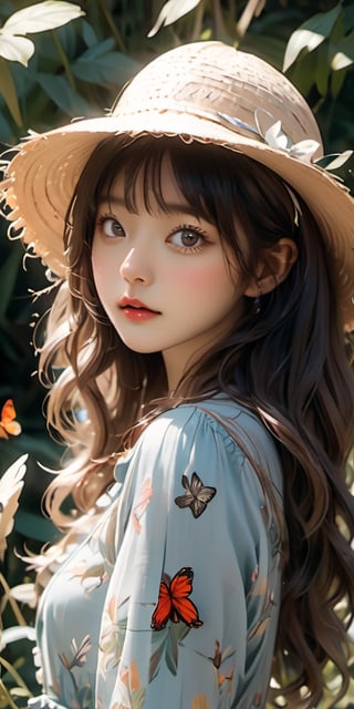 cute korean large-eyed girl, bangs, 
botanical garden, dappled sunlight, exotic flora, straw hat, boho maxi dress, loose wavy hair, curious, focused look, sketching flowers, butterflies fluttering,  
masterpiece, highly details, best Quality, Tyndall effect, good composition, volume lighting, Film light, dynamic lighting, cinematic lighting, 
,               ,