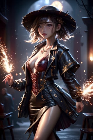 Alluring and hot female, Japanses girl,flirting, hat, leather jacket, sweet long skirt, sharp focus, studio photo, intricate details, highly detailed, sparks, octane render, 64k, photorealistic concept art, soft natural light, chiaroscuro, masterpiece,Cinematic lighting,art_booster,Bright lighting that clearly shows the face