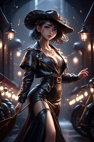 Alluring and hot female, Japanses girl,flirting, hat, leather jacket, sweet long skirt, sharp focus, studio photo, intricate details, highly detailed, sparks, octane render, 64k, photorealistic concept art, soft natural light, chiaroscuro, masterpiece,Cinematic lighting,art_booster,