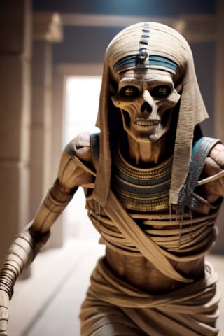 An ancient Egyptian mummy running out of a temple from a scary historic entity, the mummy's Bandage is lose. Necropunk style. Hyper realistic.HD.,style,concept,Give milk