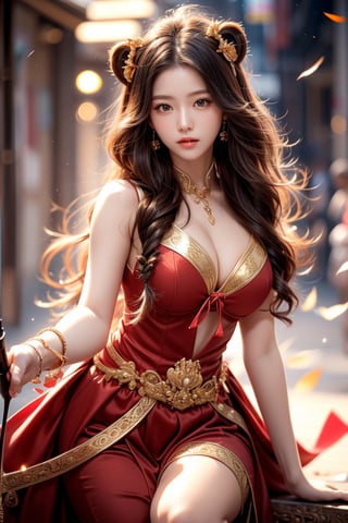 cute pose,beautiful korean girl, holding a battle bow, aim at bow,ready to shoot,curly hair,lion girl,golden lion hair