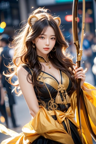 cute pose,beautiful korean girl, holding a battle bow, aim at bow,ready to shoot,curly hair,lion girl,golden lion hair