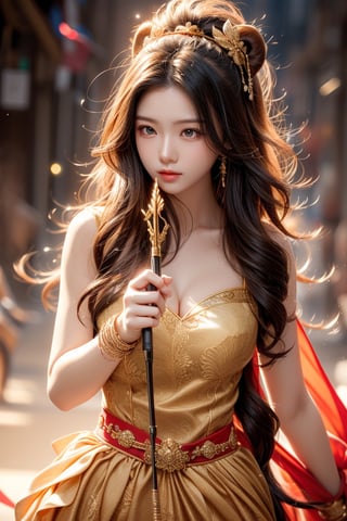 cute pose,beautiful korean girl, holding a battle bow, aim at bow,ready to shoot,curly hair,lion girl,golden lion hair